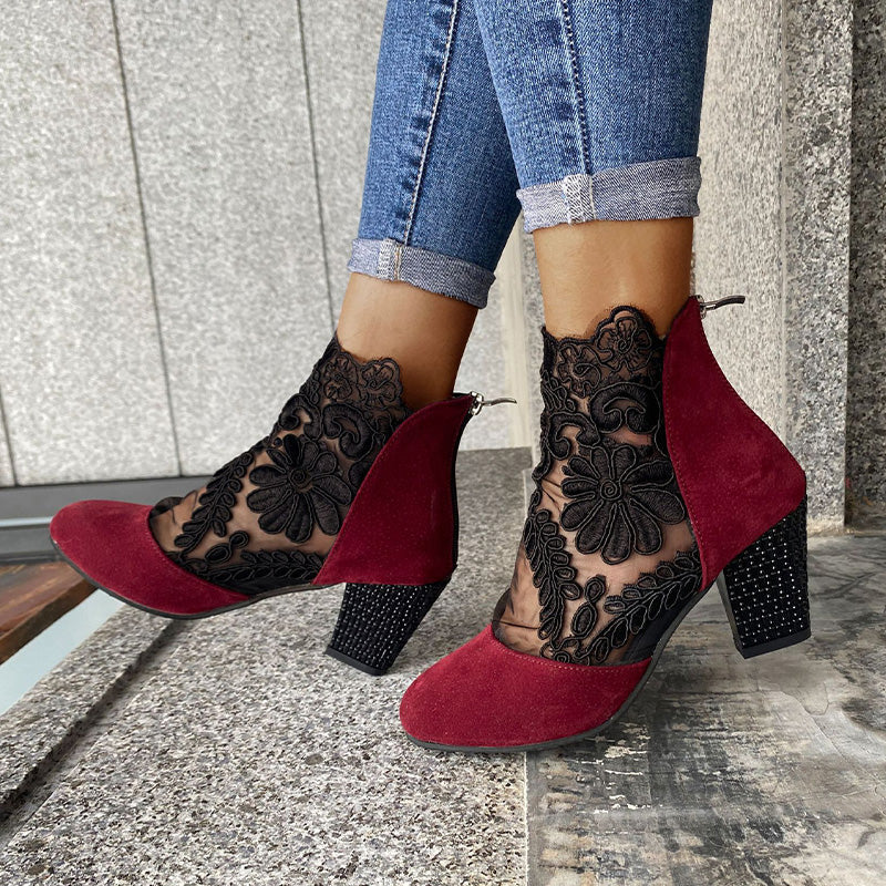 Women's Floral Lace Mesh High Heels with Rhinestones – Stylish Summer Shoes
