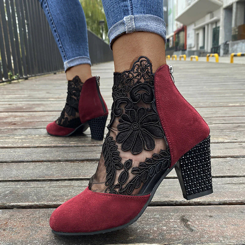 Women's Floral Lace Mesh High Heels with Rhinestones – Stylish Summer Shoes