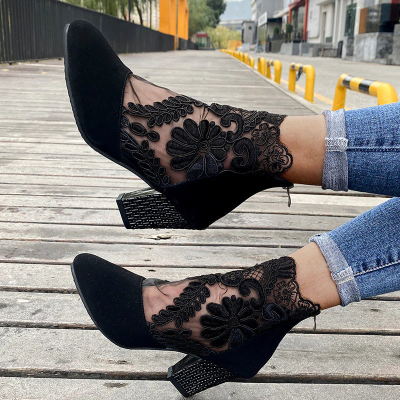 Women's Floral Lace Mesh High Heels with Rhinestones – Stylish Summer Shoes