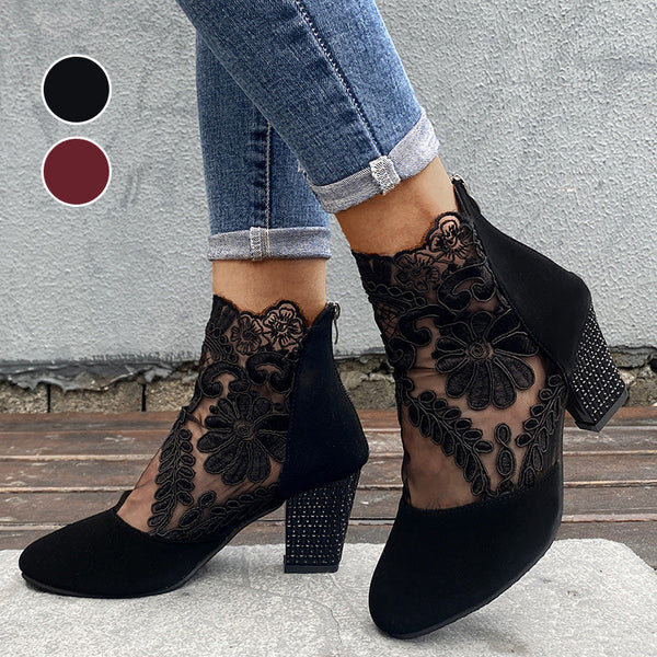 Women's Floral Lace Mesh High Heels with Rhinestones – Stylish Summer Shoes