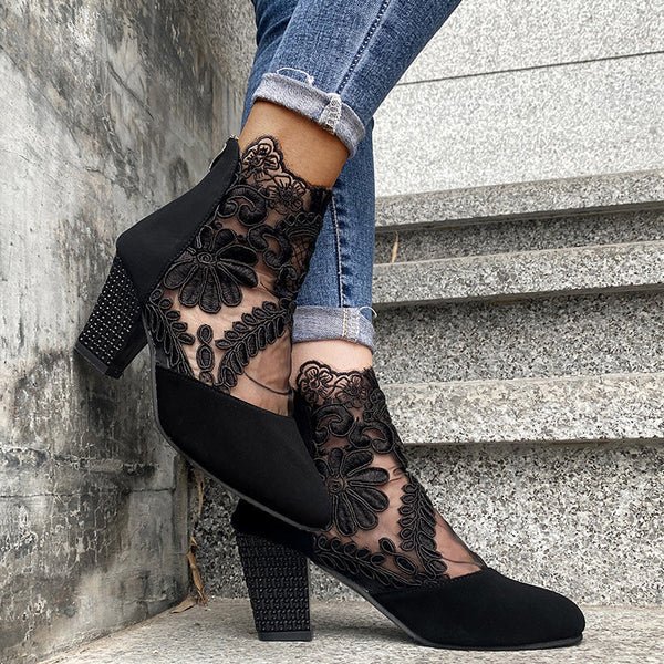 Women's Floral Lace Mesh High Heels with Rhinestones – Stylish Summer Shoes