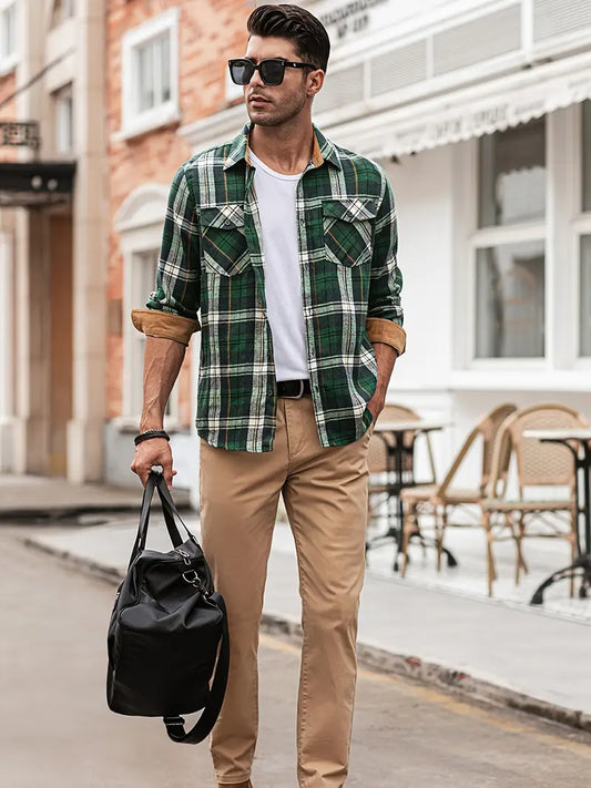 Men's Flannel Shirt - Checked Long Sleeve Cotton Button-Down
