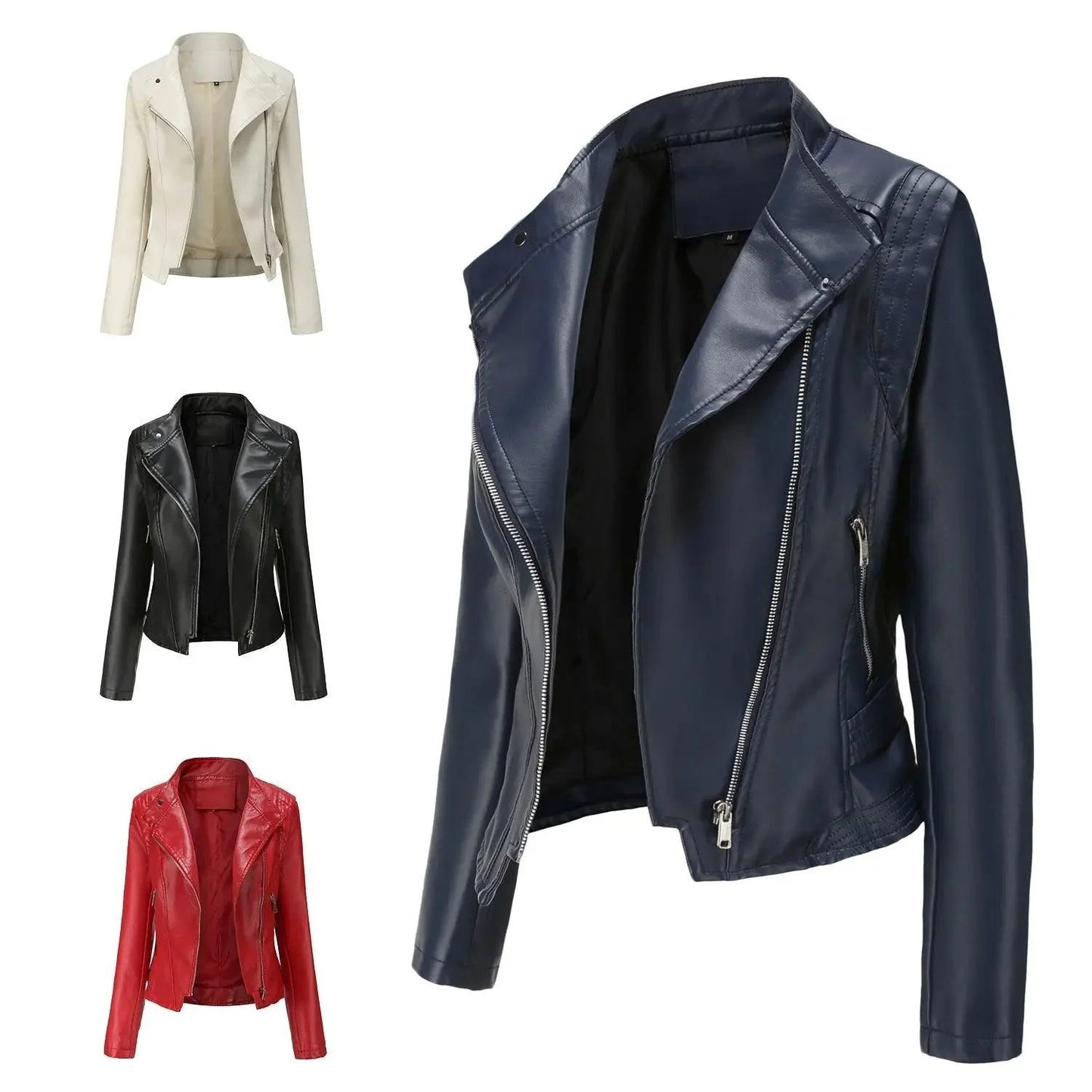 Women's Slim Fit PU Leather Coat - Stylish Zippered Jacket for Casual & Evening Wear