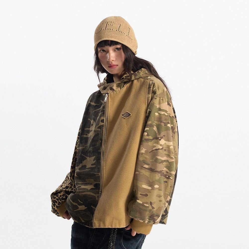 Unisex Camouflage Hooded Denim Jacket – Casual Patchwork Design for All Seasons