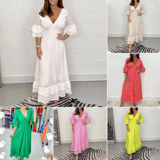 Embroidery Anglaise Frill Sleeve Midi Dress – Stylish Women's Dress with Elastic Waist & Ruches