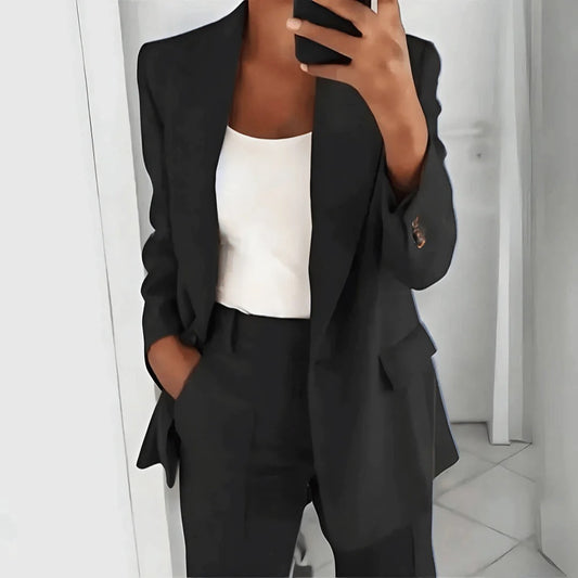 Women’s Formal Business Blazer & Pants Set – Solid Color, Single Button