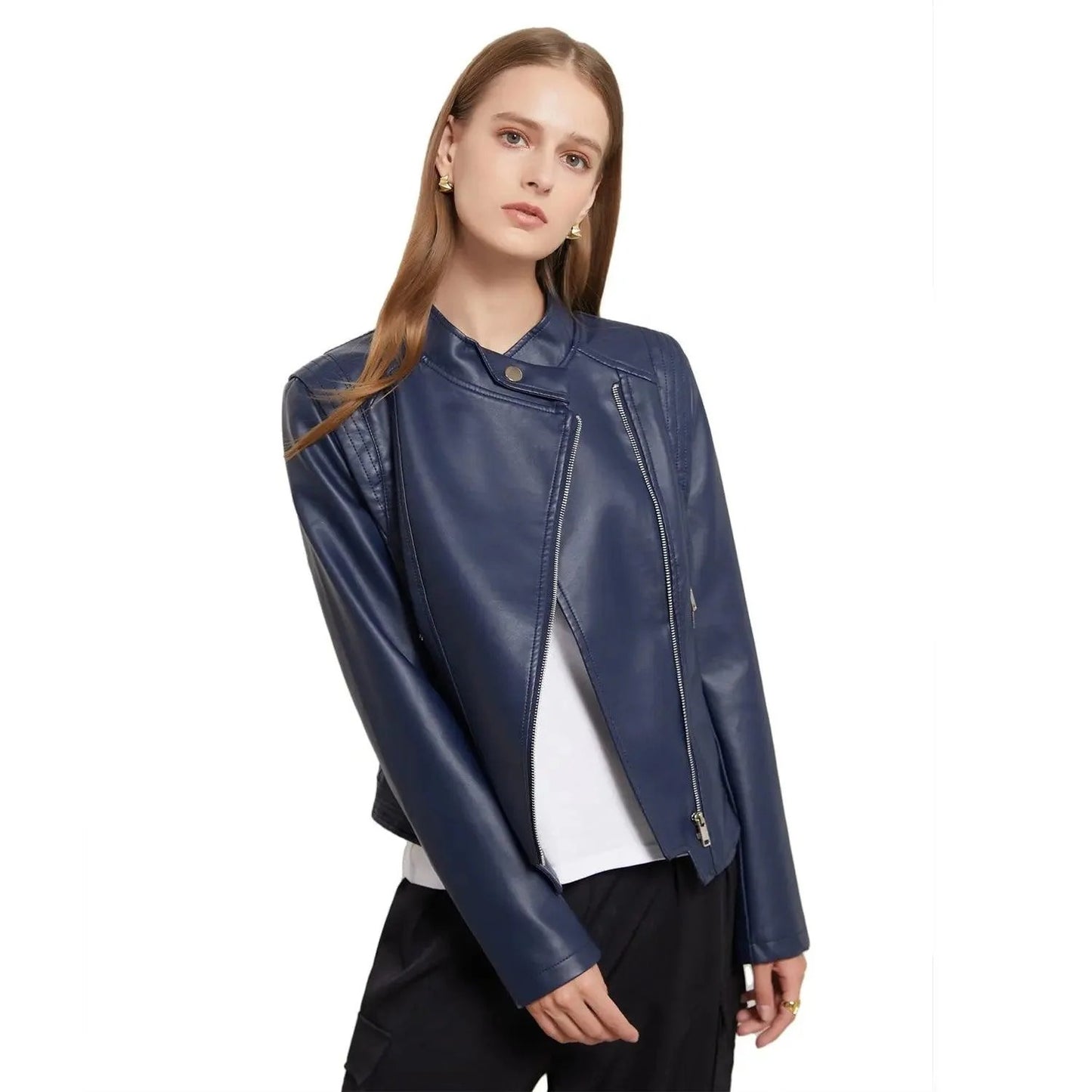 Women's Slim Fit PU Leather Coat - Stylish Zippered Jacket for Casual & Evening Wear