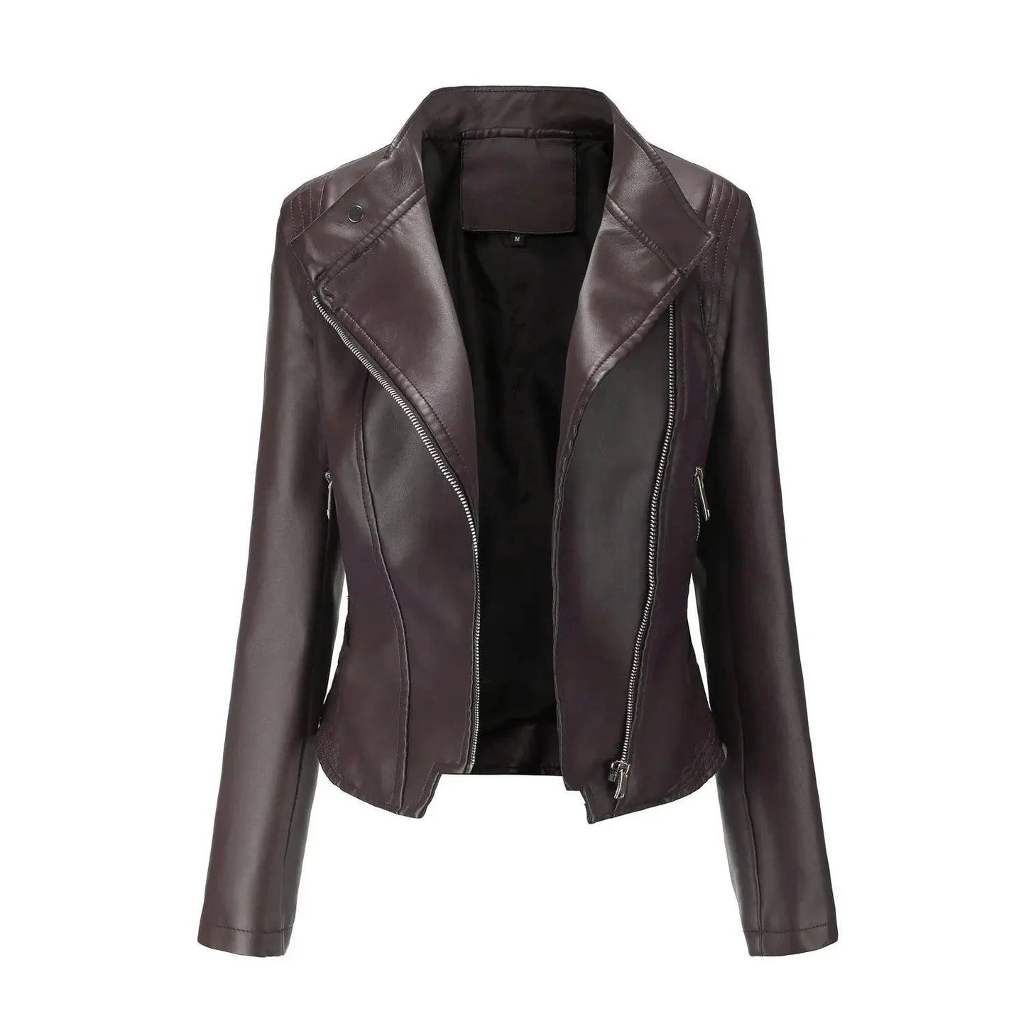 Women's Slim Fit PU Leather Coat - Stylish Zippered Jacket for Casual & Evening Wear