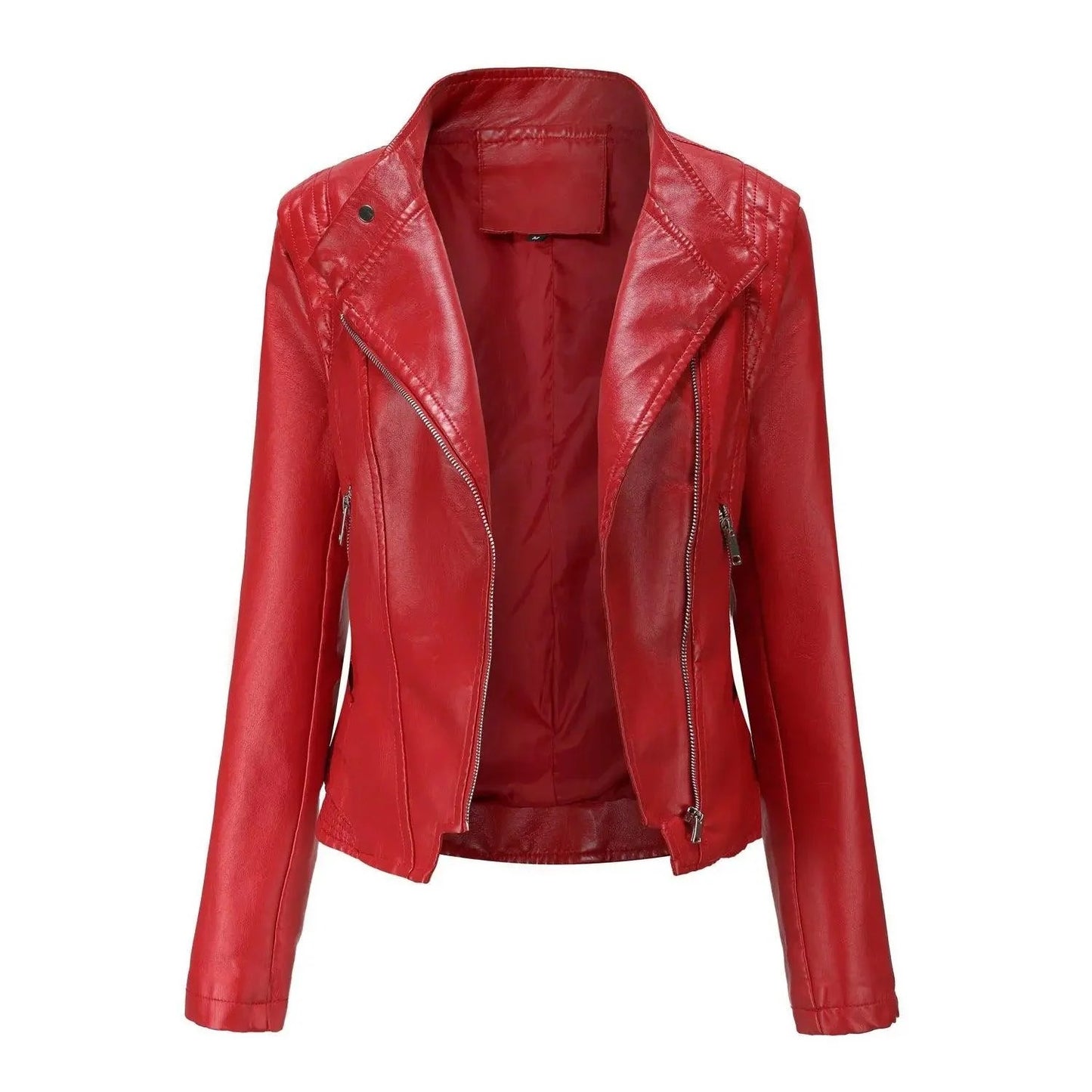 Women's Slim Fit PU Leather Coat - Stylish Zippered Jacket for Casual & Evening Wear
