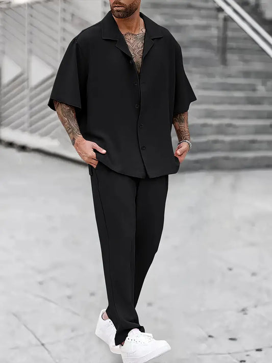 Men's Casual Tracksuit 2-Piece Set – Short Sleeve Button-Up Shirt & Drawstring Pants