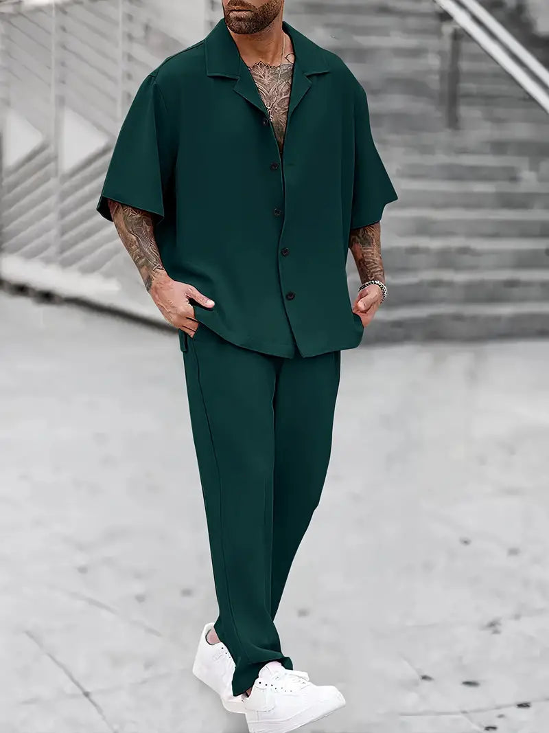 Men's Casual Tracksuit 2-Piece Set – Short Sleeve Button-Up Shirt & Drawstring Pants