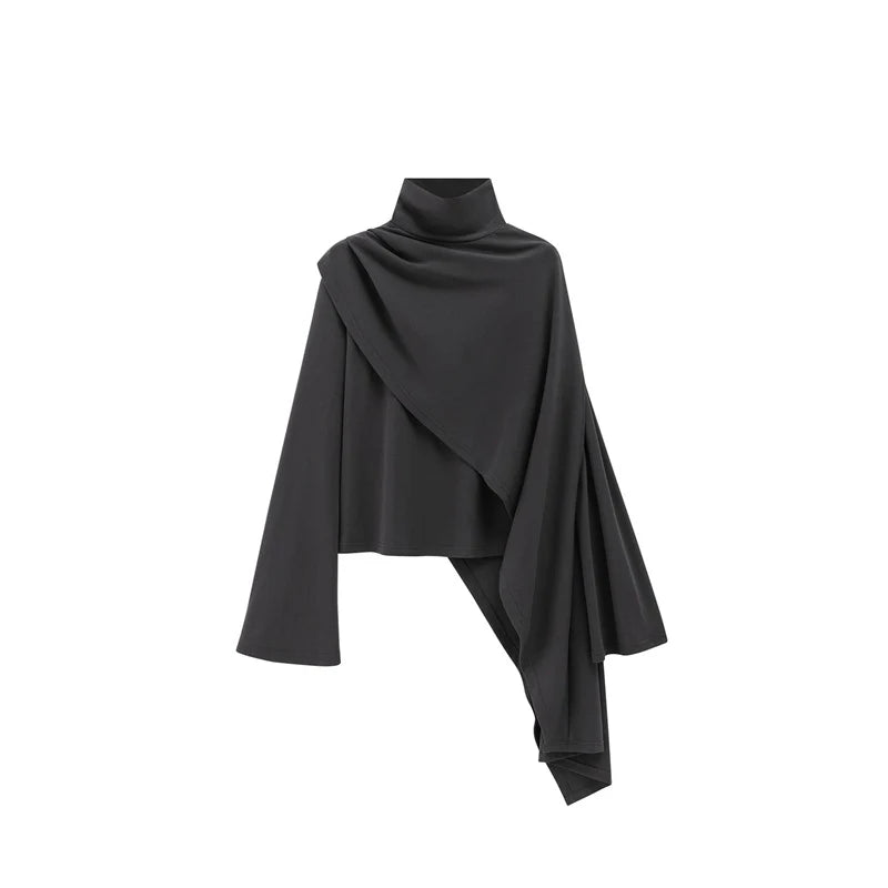 Women’s High Neck Patchwork Scarf Top – Stylish Long Sleeve Fashion