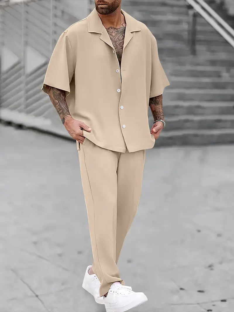 Men's Casual Tracksuit 2-Piece Set – Short Sleeve Button-Up Shirt & Drawstring Pants