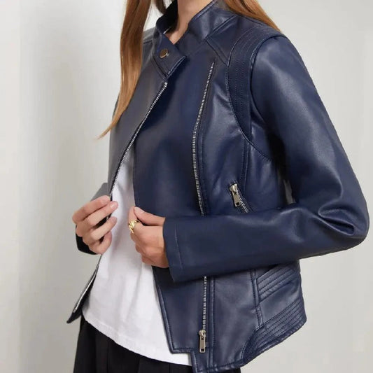 Women's Slim Fit PU Leather Coat - Stylish Zippered Jacket for Casual & Evening Wear
