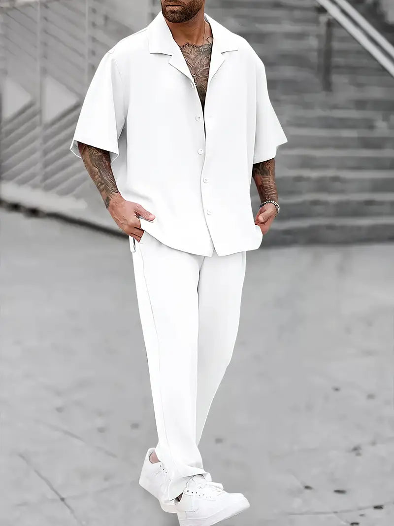 Men's Casual Tracksuit 2-Piece Set – Short Sleeve Button-Up Shirt & Drawstring Pants