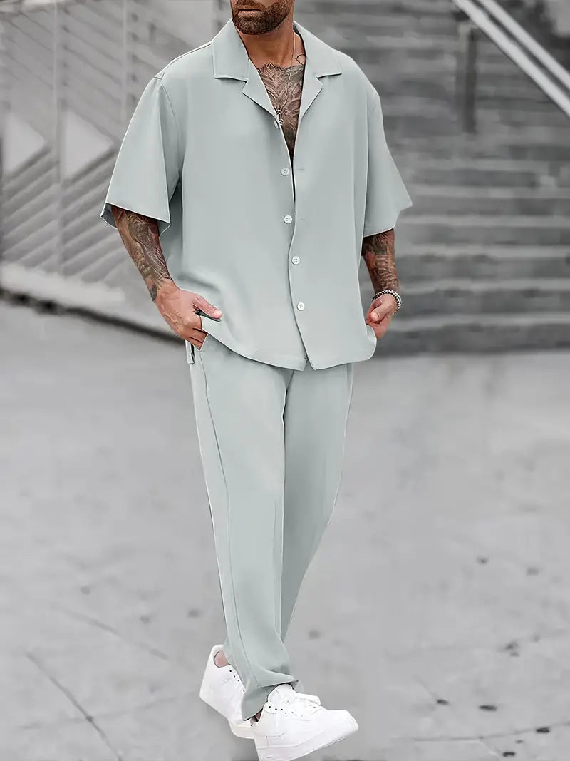 Men's Casual Tracksuit 2-Piece Set – Short Sleeve Button-Up Shirt & Drawstring Pants