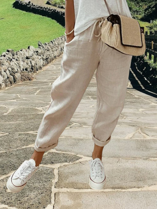Aaliyah | Comfortable Retro Print Cotton Pants with Medium Waist and Pockets | Beige
