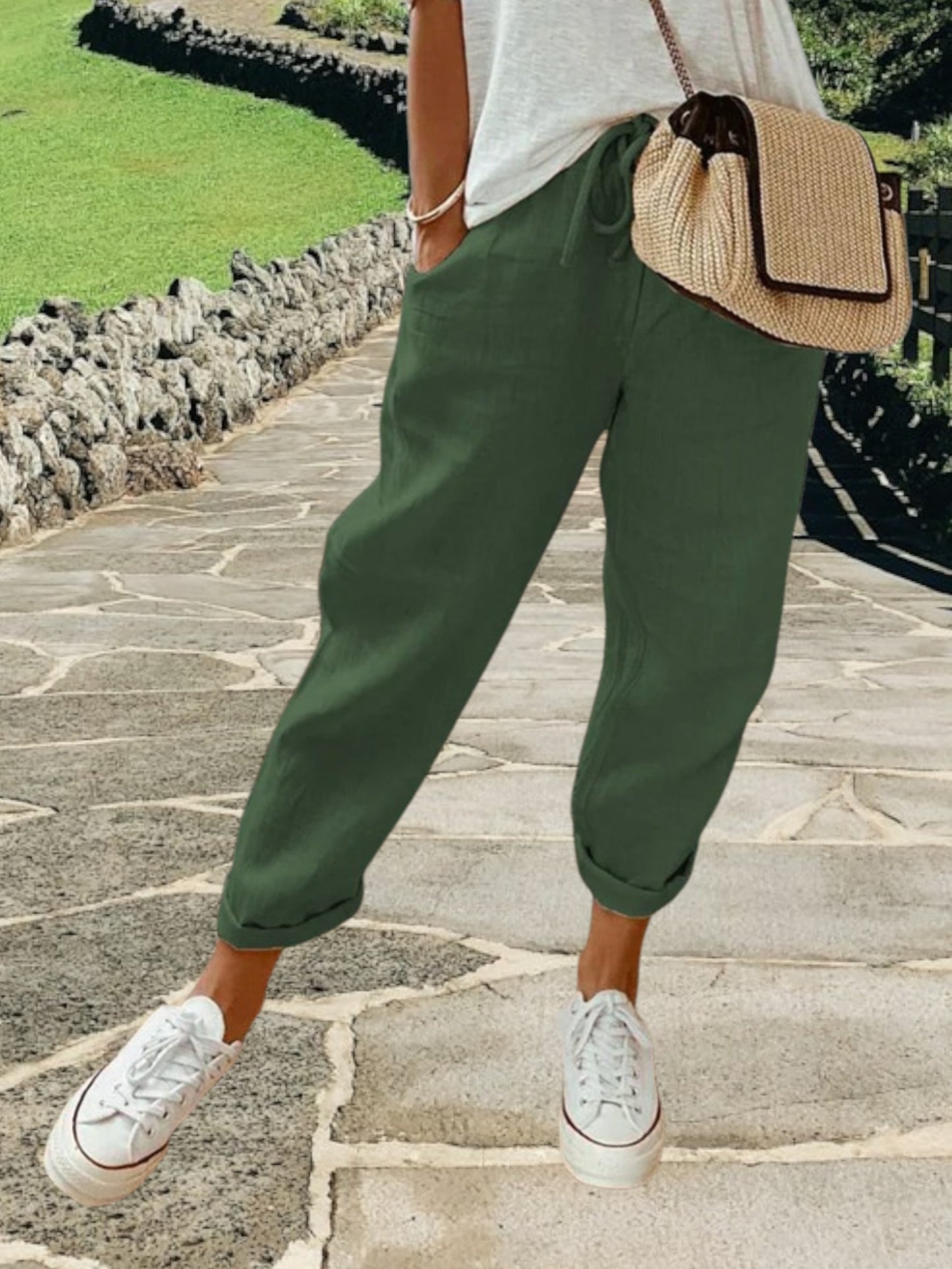 Aaliyah | Comfortable Retro Print Cotton Pants with Medium Waist and Pockets | Green
