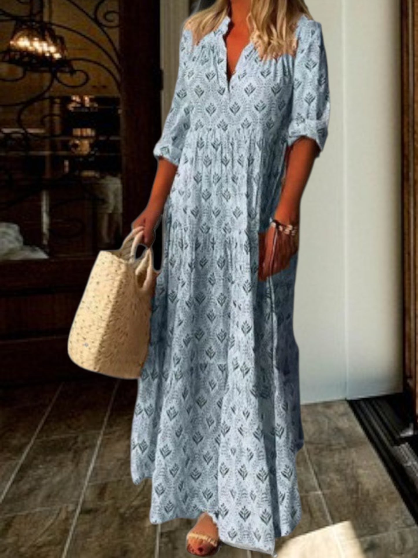 Alecta | Lightweight Floral Maxi Dress with V-Neck and 3/4 Sleeves for Women | Blue
