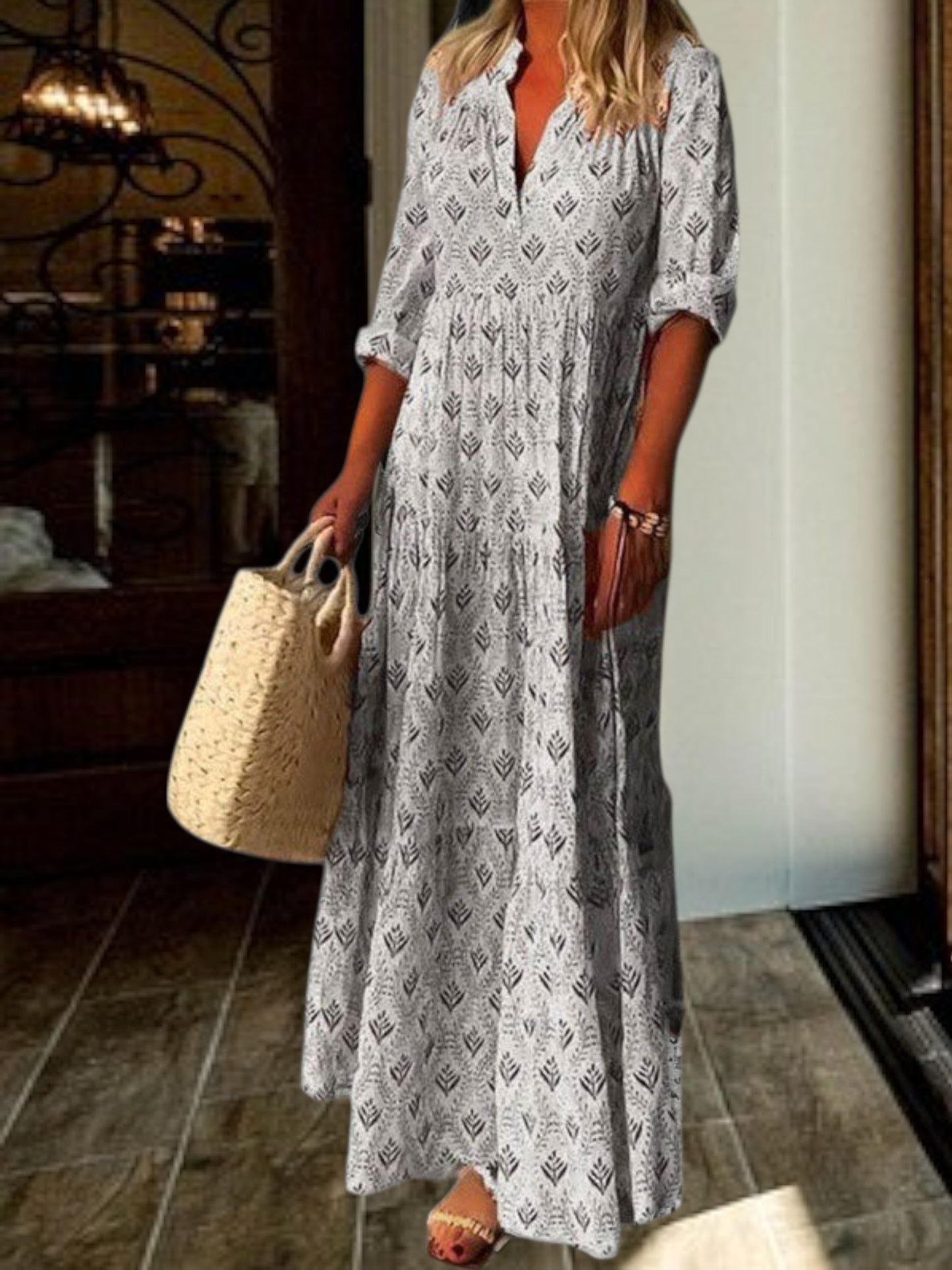 Alecta | Lightweight Floral Maxi Dress with V-Neck and 3/4 Sleeves for Women | Gray