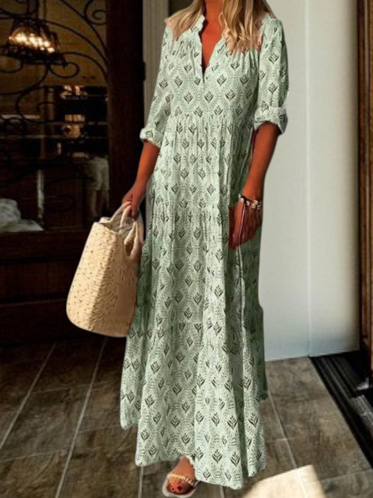 Alecta | Lightweight Floral Maxi Dress with V-Neck and 3/4 Sleeves for Women | Green