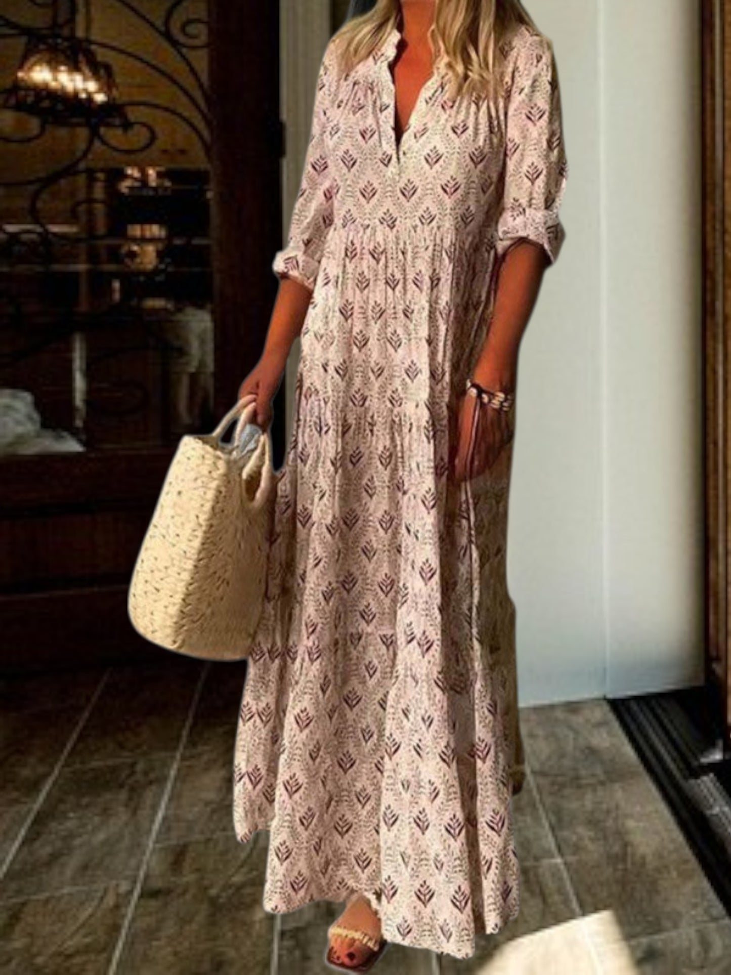 Alecta | Lightweight Floral Maxi Dress with V-Neck and 3/4 Sleeves for Women | Pink