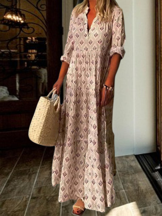 Alecta | Lightweight Floral Maxi Dress with V-Neck and 3/4 Sleeves for Women | Pink