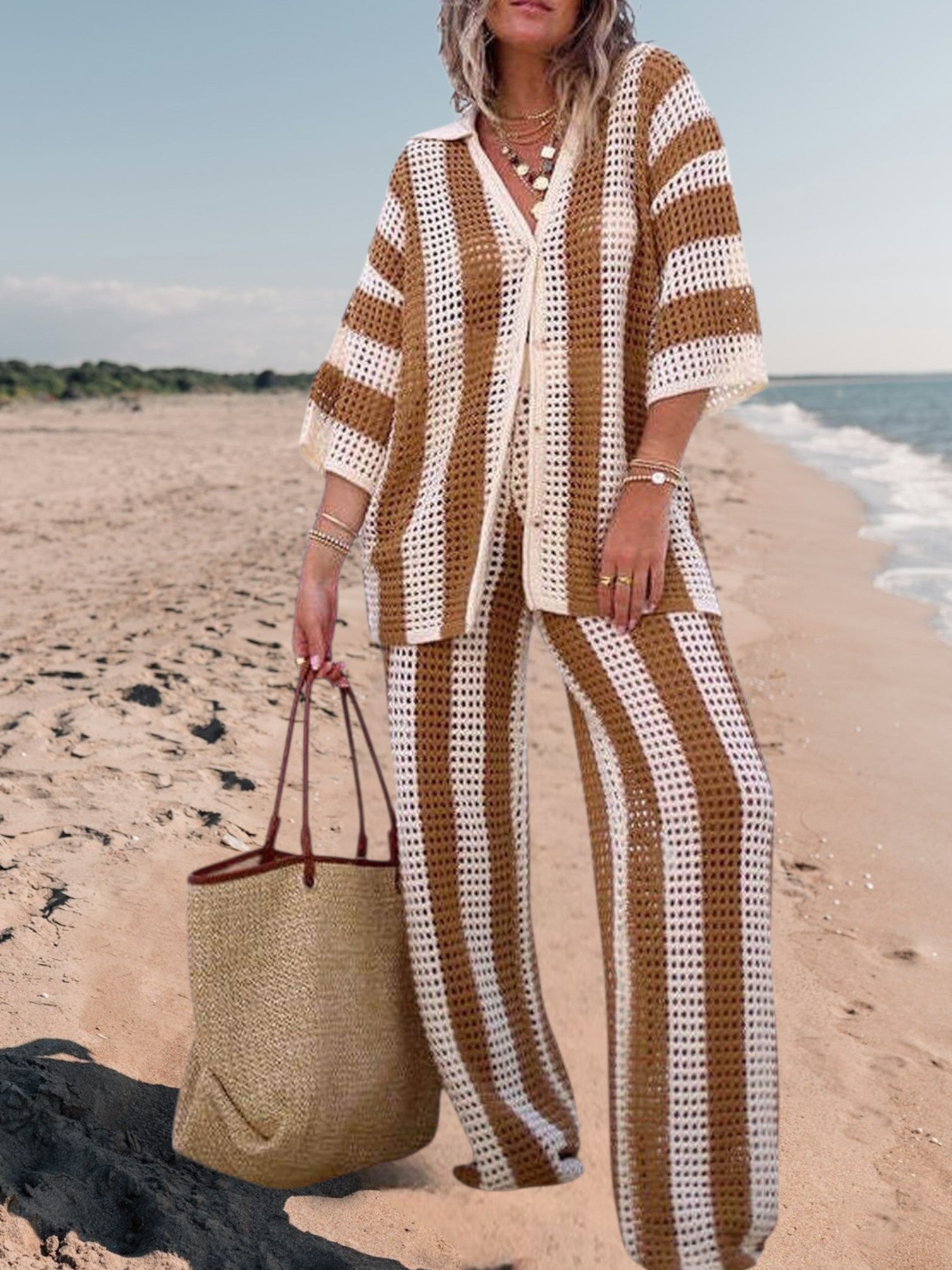 Alicia | Trendy Two-Piece Striped Shirt and Pant Set for Women in Lightweight Fabric | Khaki