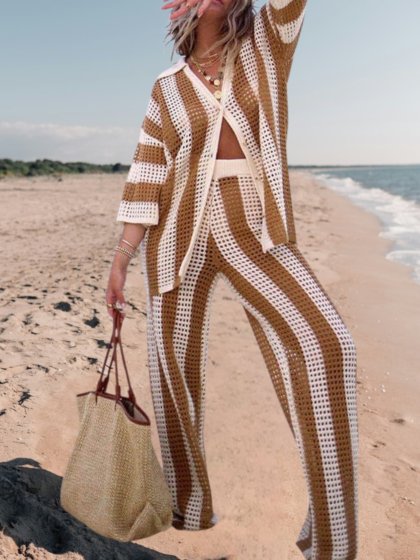 Alicia | Trendy Two-Piece Striped Shirt and Pant Set for Women in Lightweight Fabric | Khaki 2
