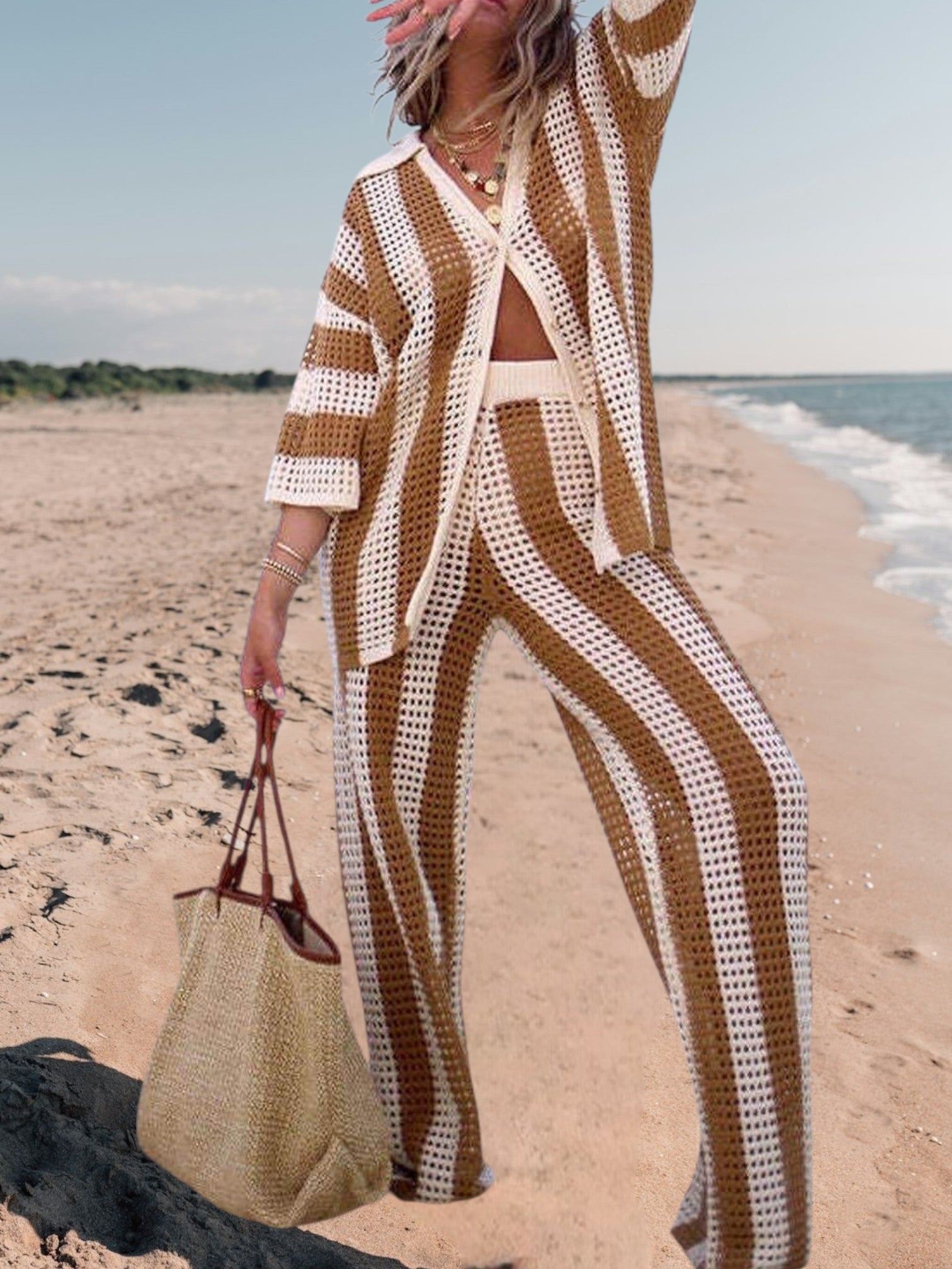 Alicia | Trendy Two-Piece Striped Shirt and Pant Set for Women in Lightweight Fabric | Khaki 2