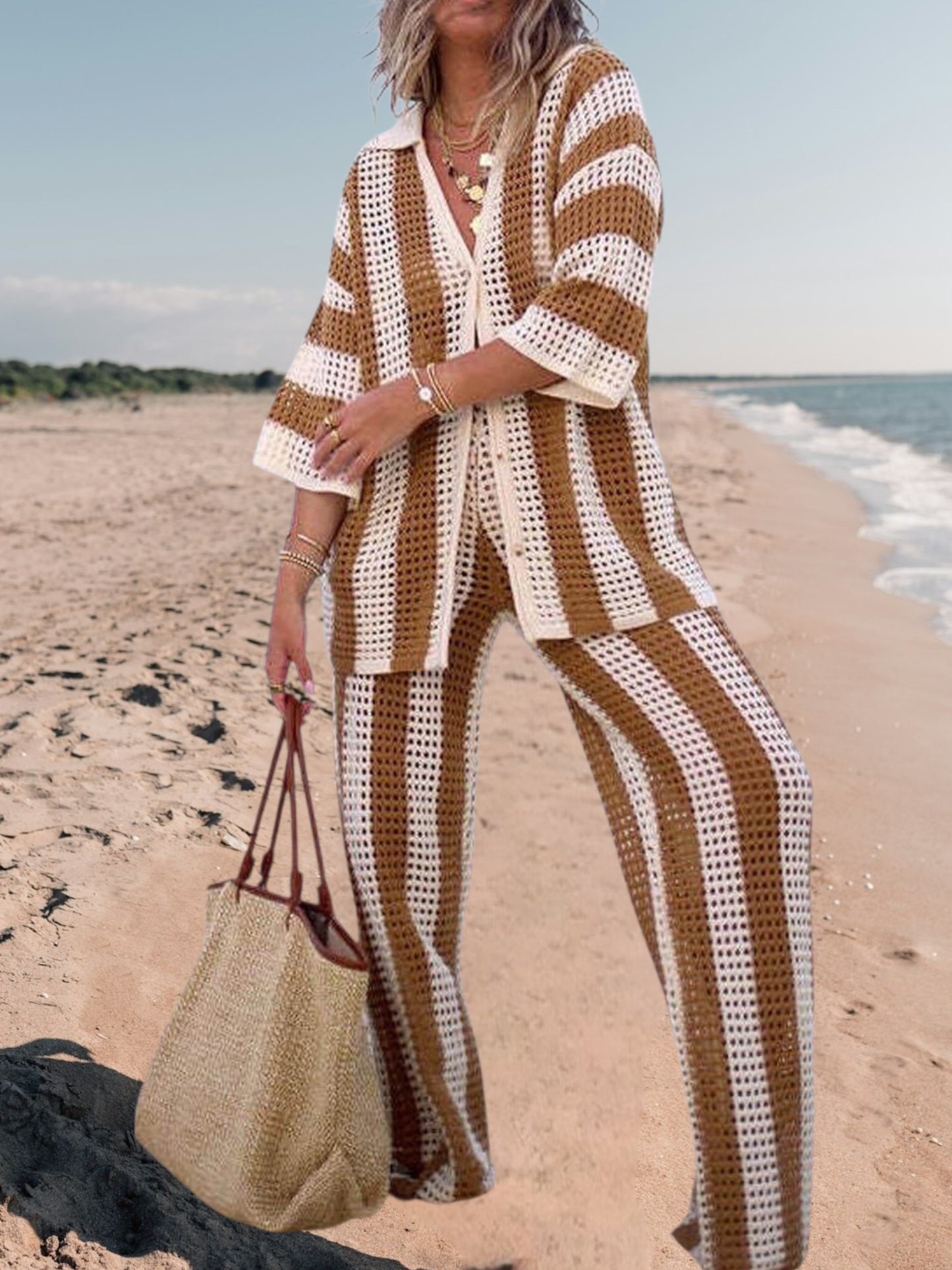 Alicia | Trendy Two-Piece Striped Shirt and Pant Set for Women in Lightweight Fabric | Khaki 3