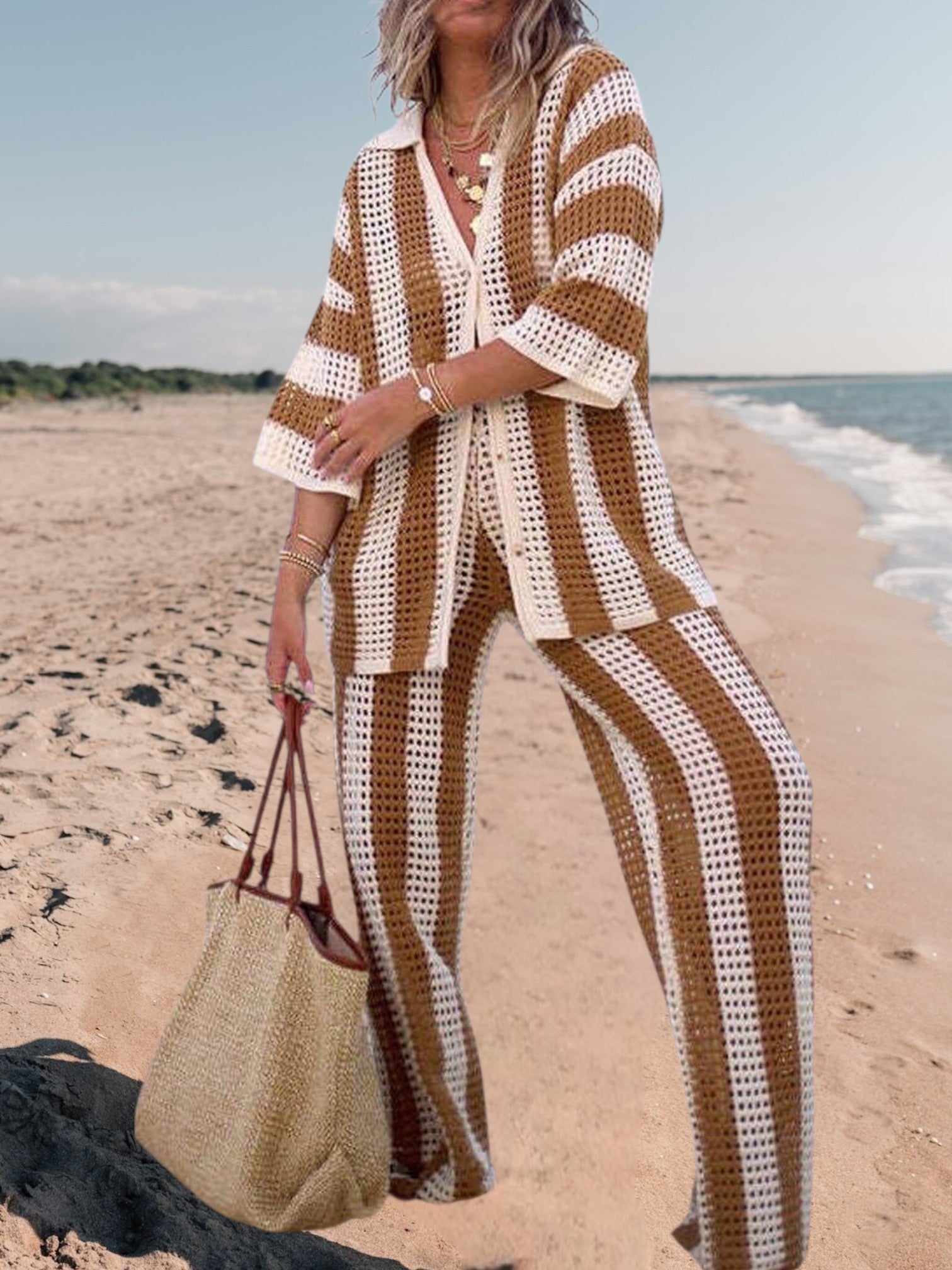 Alicia | Trendy Two-Piece Striped Shirt and Pant Set for Women in Lightweight Fabric | Khaki 3
