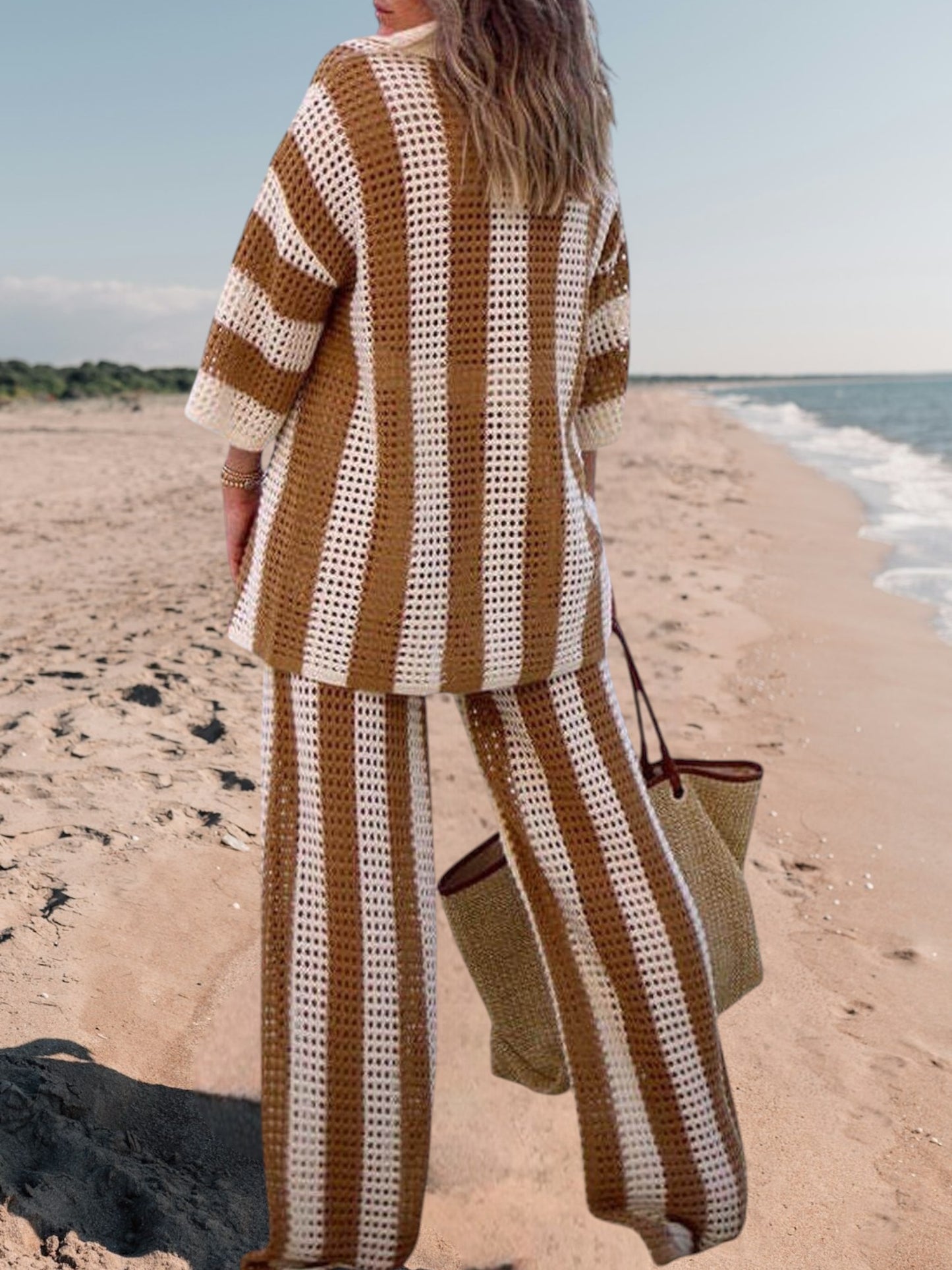 Alicia | Trendy Two-Piece Striped Shirt and Pant Set for Women in Lightweight Fabric | Khaki 4