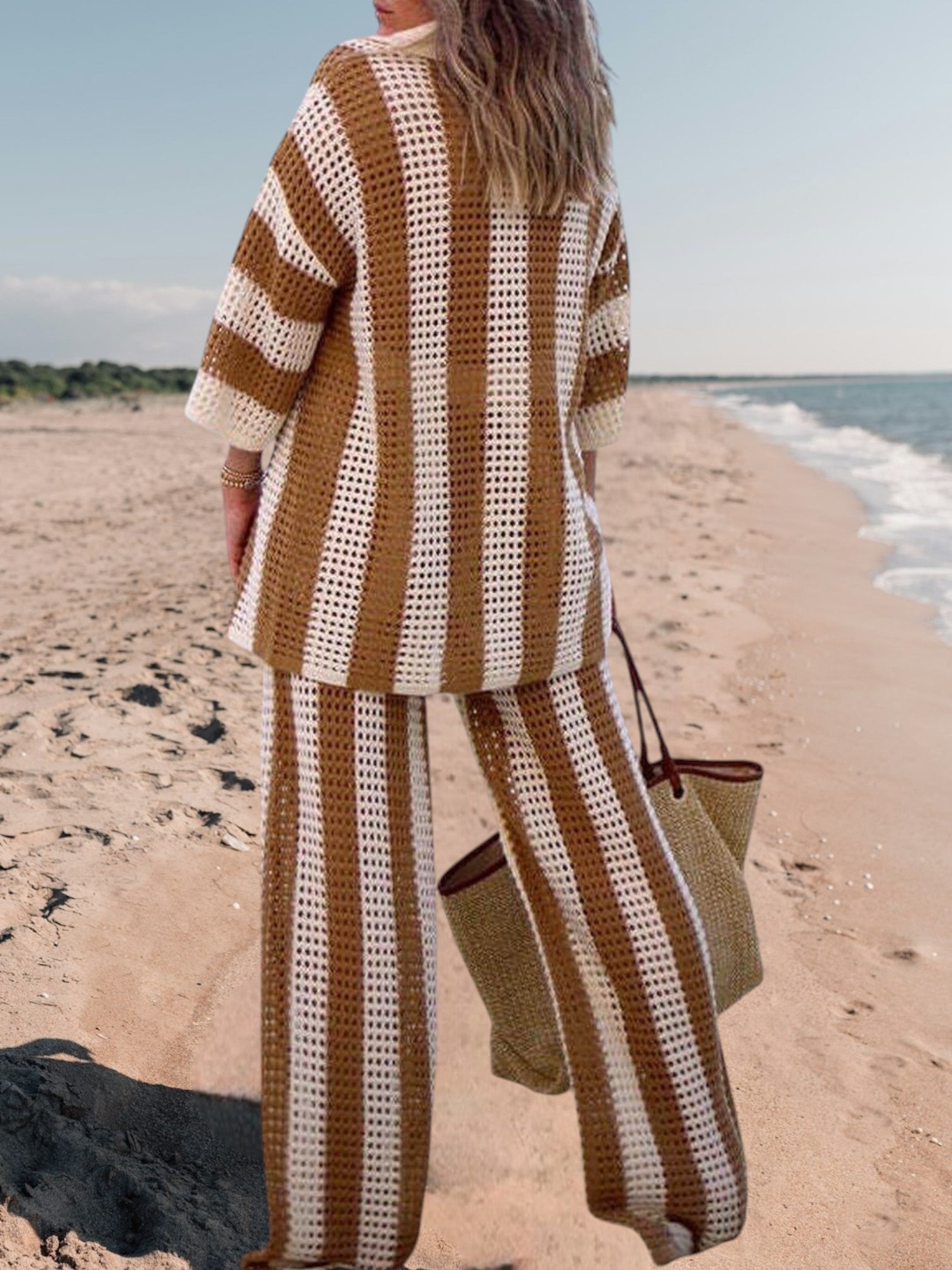 Alicia | Trendy Two-Piece Striped Shirt and Pant Set for Women in Lightweight Fabric | Khaki 4