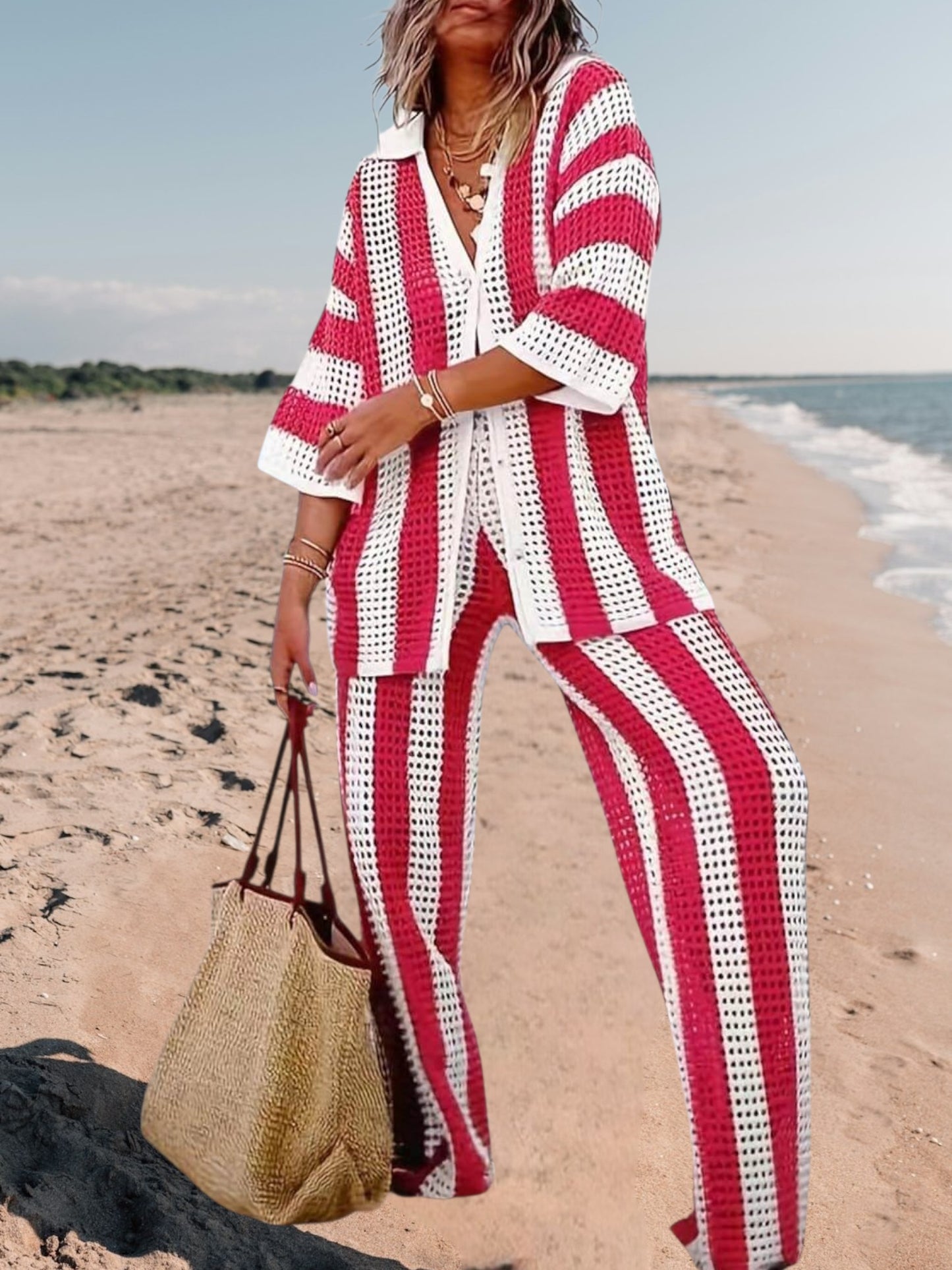 Alicia | Trendy Two-Piece Striped Shirt and Pant Set for Women in Lightweight Fabric | Pink