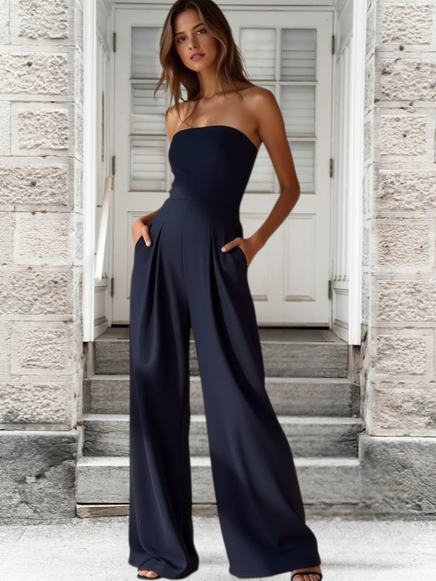 Amélie | Women's Elegant Sleeveless Corset Effect Dress for Wedding Guests and Formal Occasions | Dark Blue