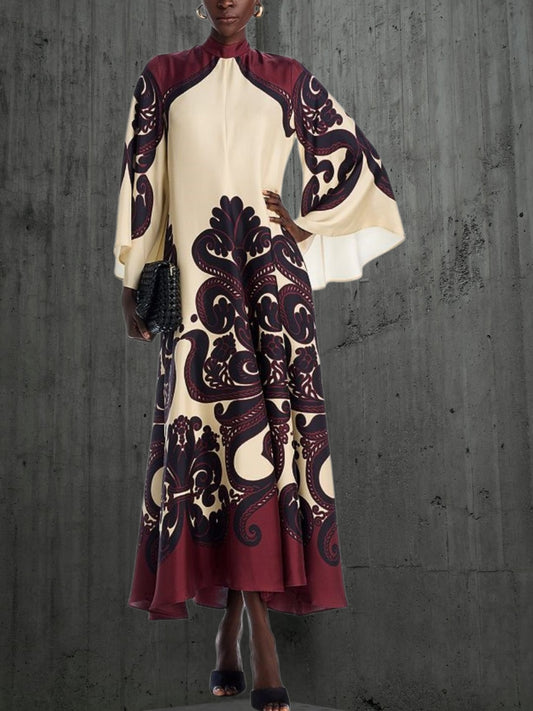 Amara | Elegant Long Sleeve Maxi Dress with Ebony Print for Women | Beige