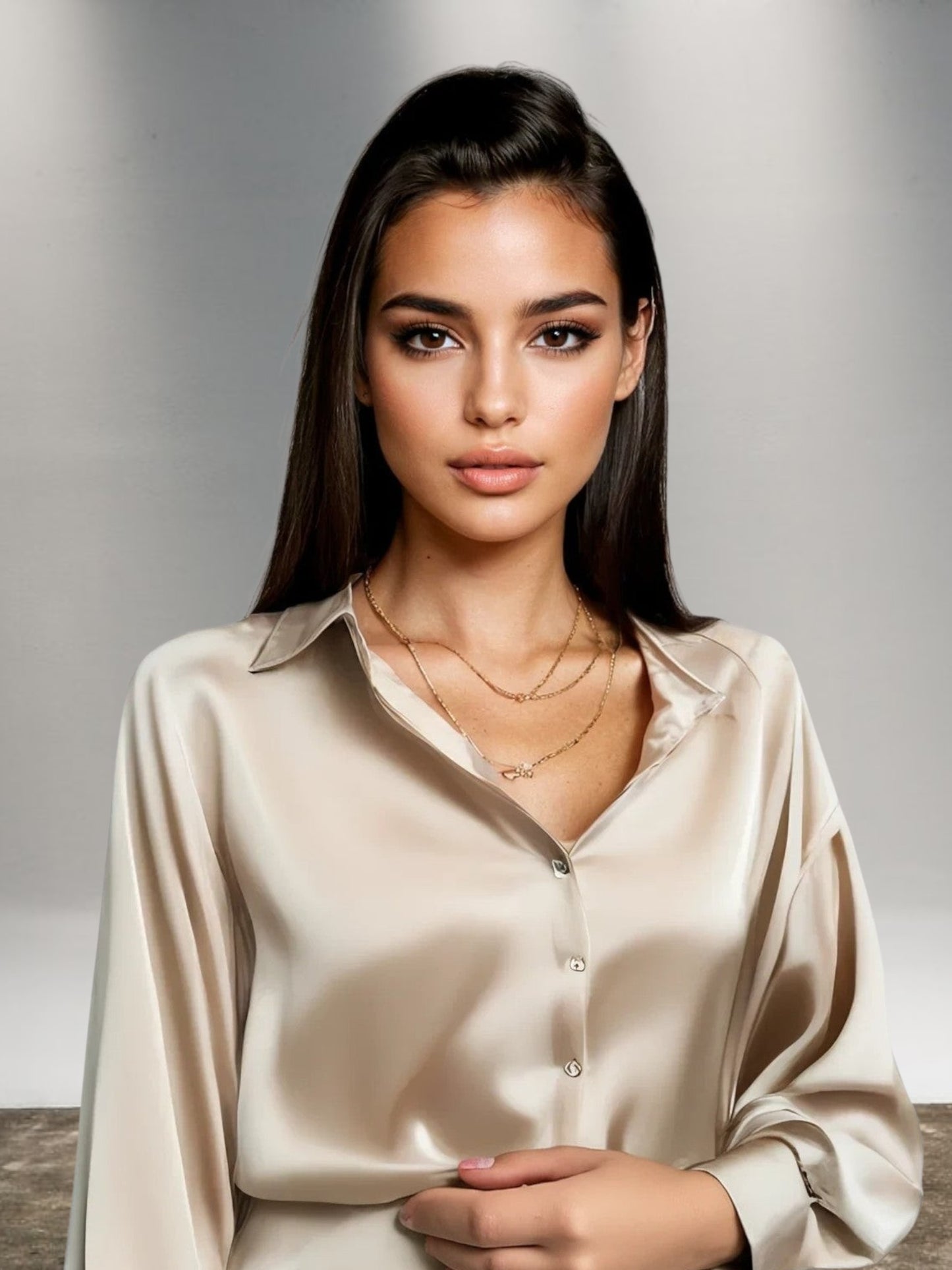 Anne | Women's Silk Blouse with Long Sleeves and Flattering Fit | Champagne 2