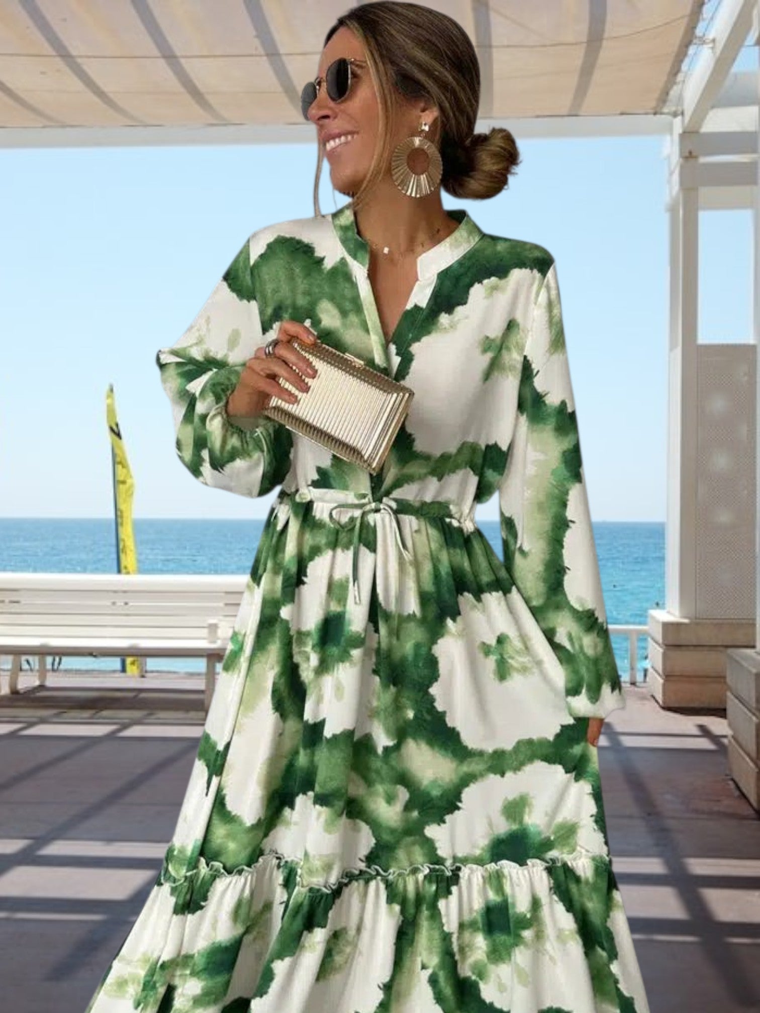 Ariella | Elegant Long Sleeve Maxi Dress with V-Neck and Flowing Design | Green