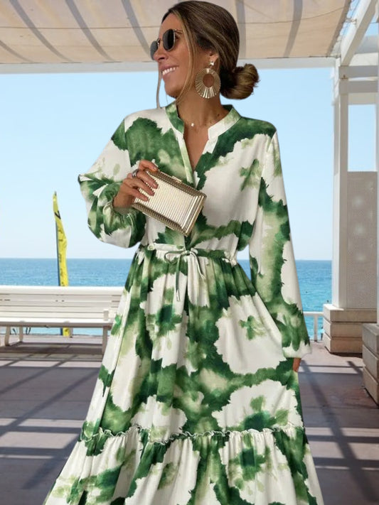 Ariella | Elegant Long Sleeve Maxi Dress with V-Neck and Flowing Design | Green