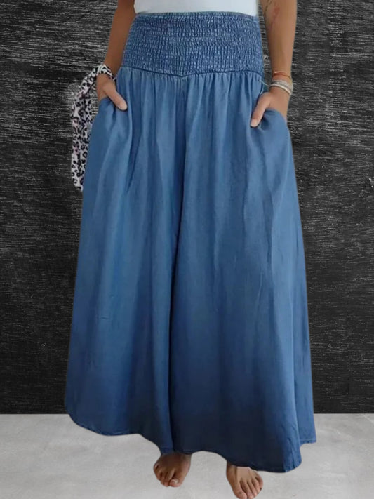 Aslaug | Women's Lightweight Culotte Pants with Elastic Waist and Pockets, Loose Fit for Summer | Blue