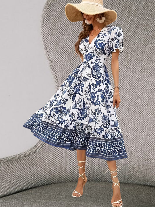 Ava | Elegant Floral Print A-Line Midi Dress with Surplice Neckline and Lantern Sleeves | Multicolor 3