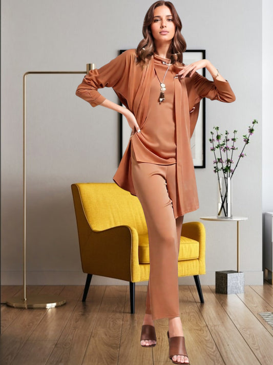 Ava | Women's Loungewear 3-Piece Set with Relaxed Pants, Top, and Knit Cardigan | Brown