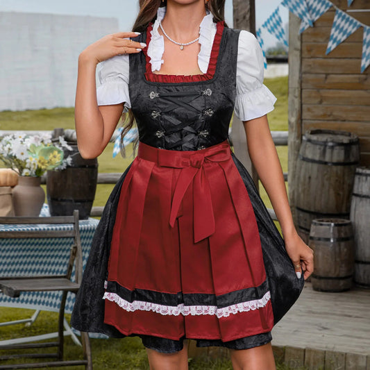 Bavarian Dirndl Dress | Classic Cut with Apron | Oktoberfest | Black/Red