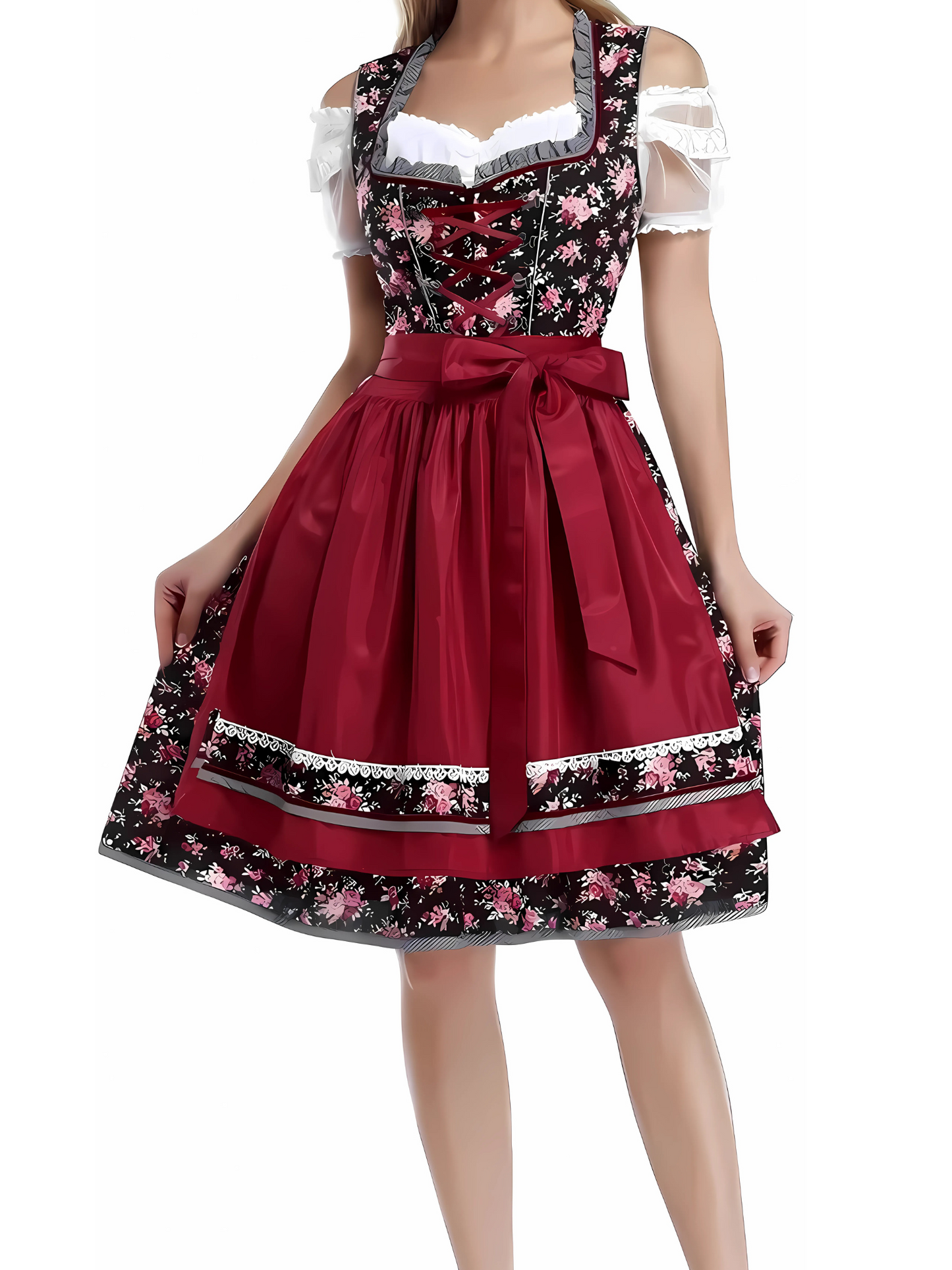 Bavarian Short Sleeve Dirndl Dress | Oktoberfest | Black/Red