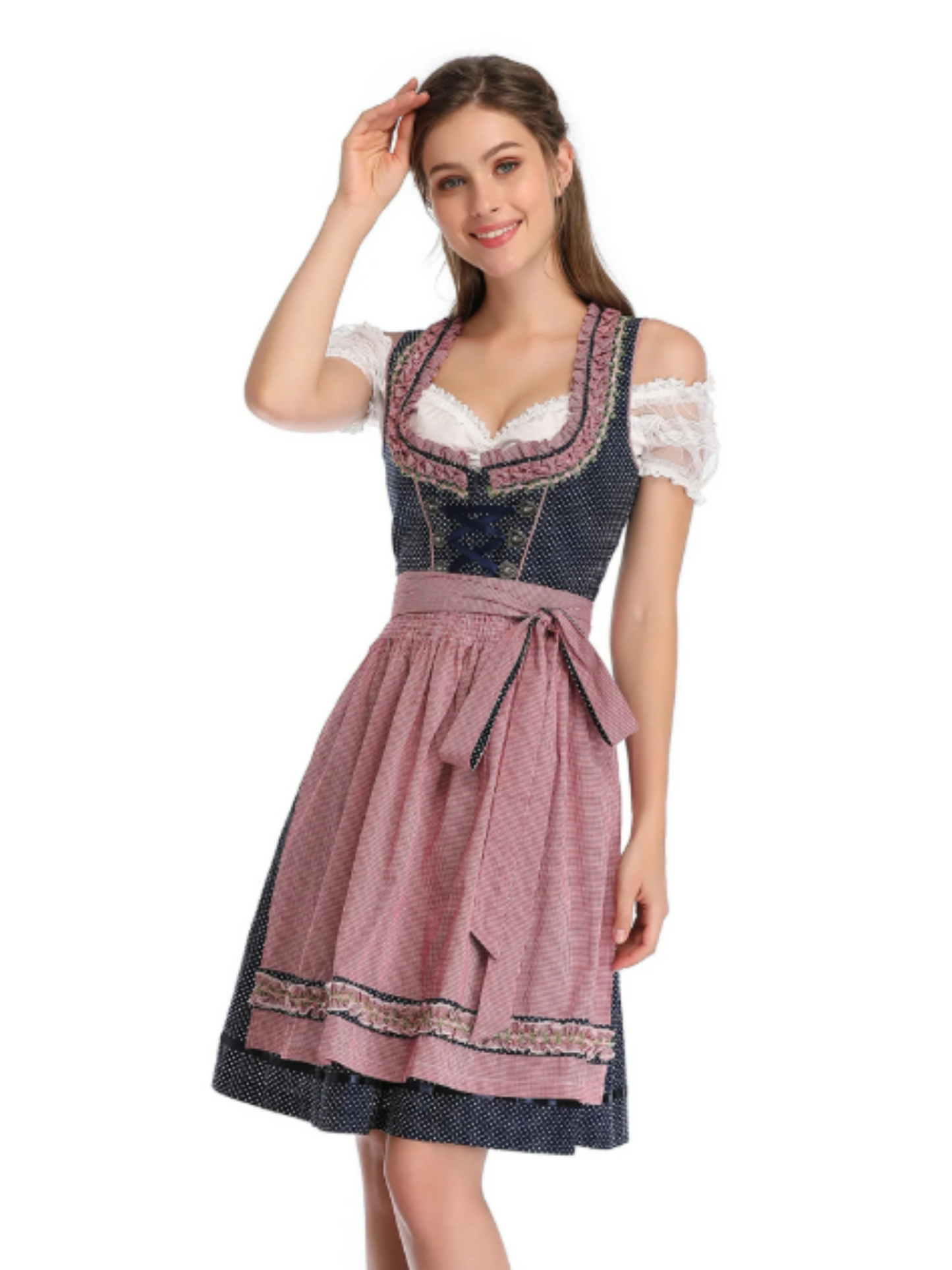 Bavarian Short Sleeve Dirndl Dress | Oktoberfest | Blue / Red