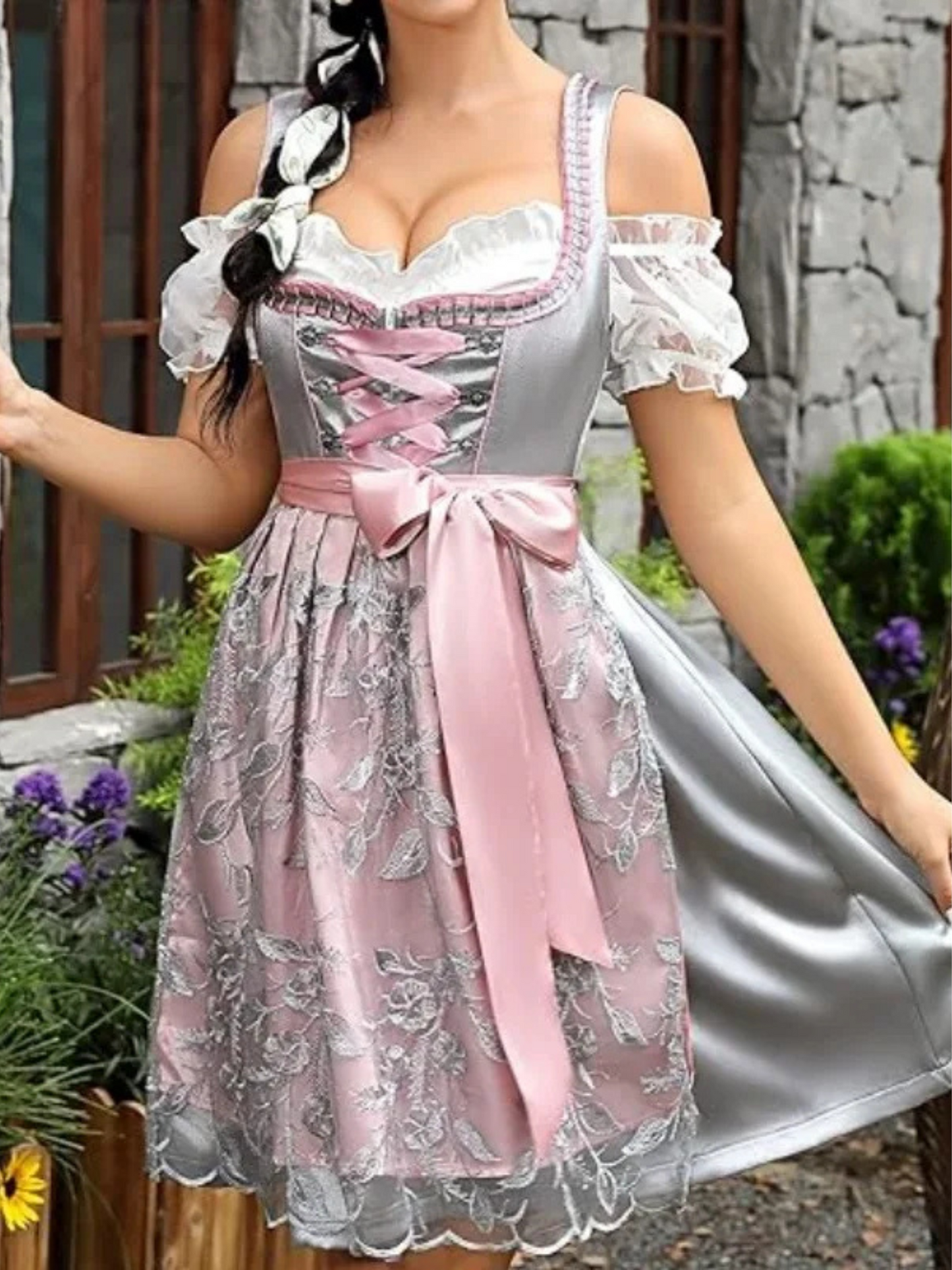 Bavarian Short Sleeve Dirndl Dress | Oktoberfest | Gray/Pink