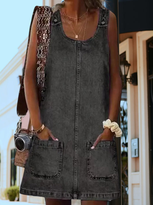Beate | Women's Plus Size Denim Dress for Everyday Comfort, Sleeveless, Knee-Length | Black