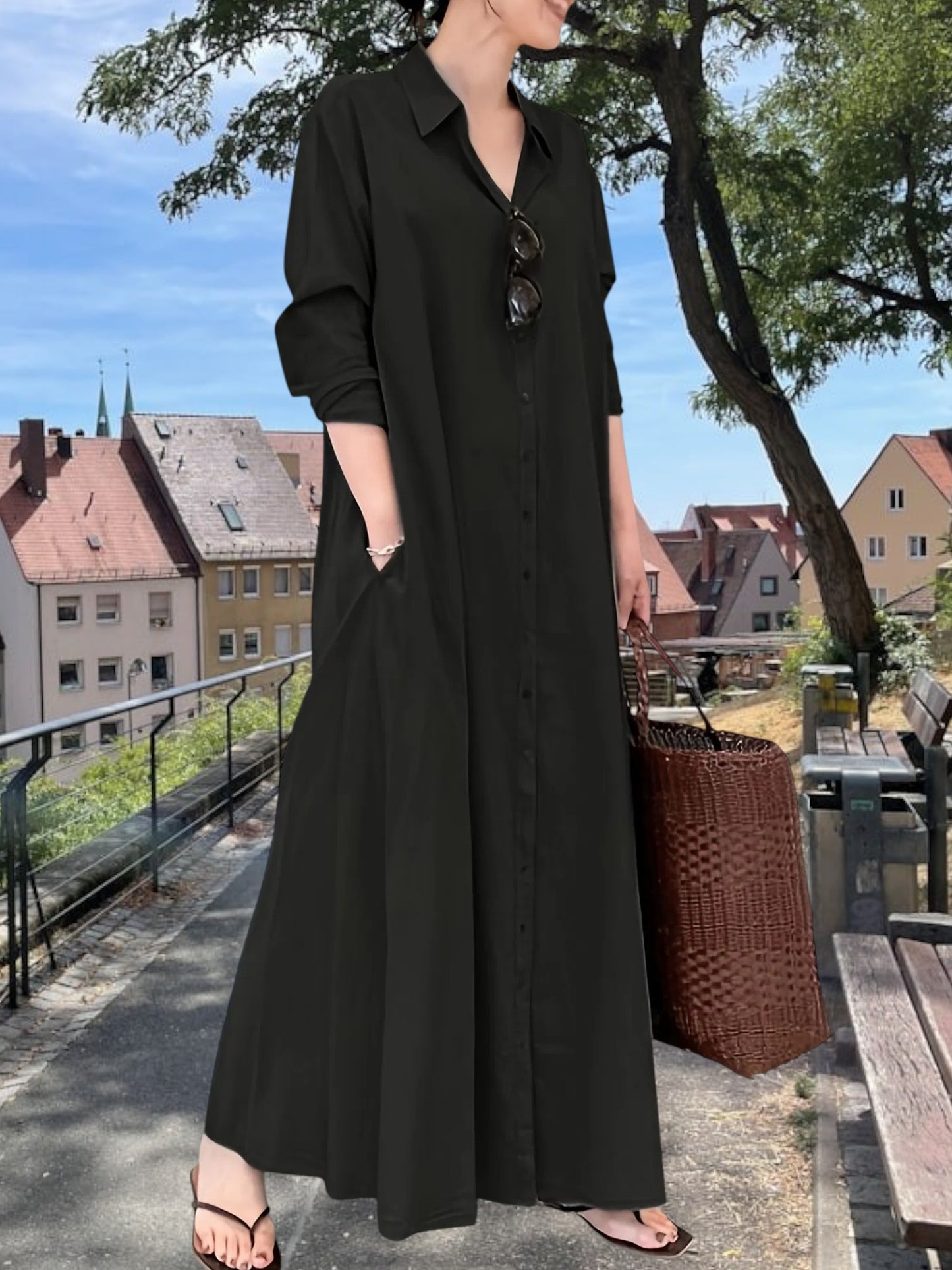 Bente | Loose Fit Shirt Dress with Button Closure for Everyday Comfort | Black