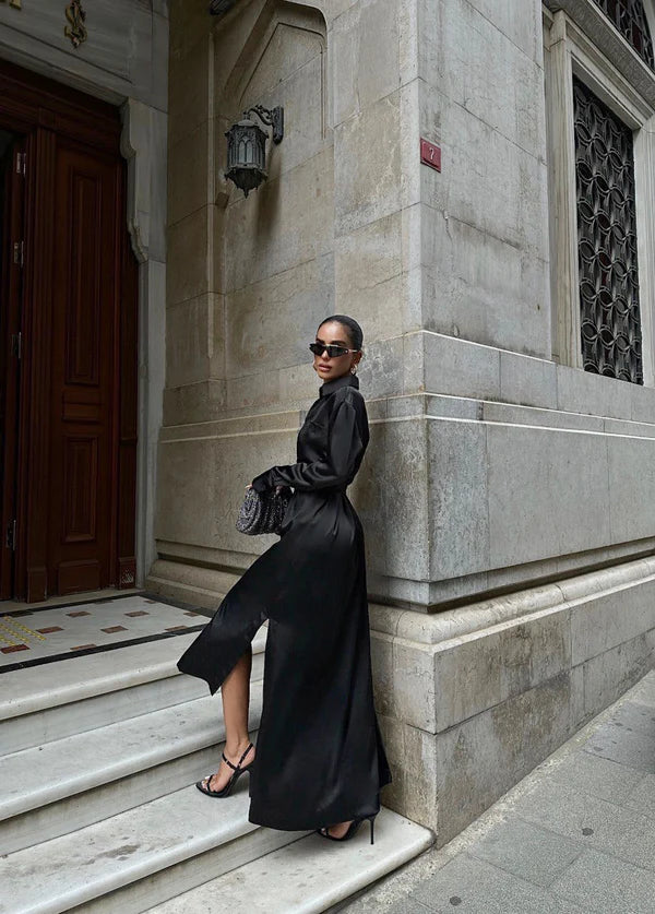 Winter Satin Midi Dress for Women - Vintage Loose Fit, Long Sleeve, Single Breasted